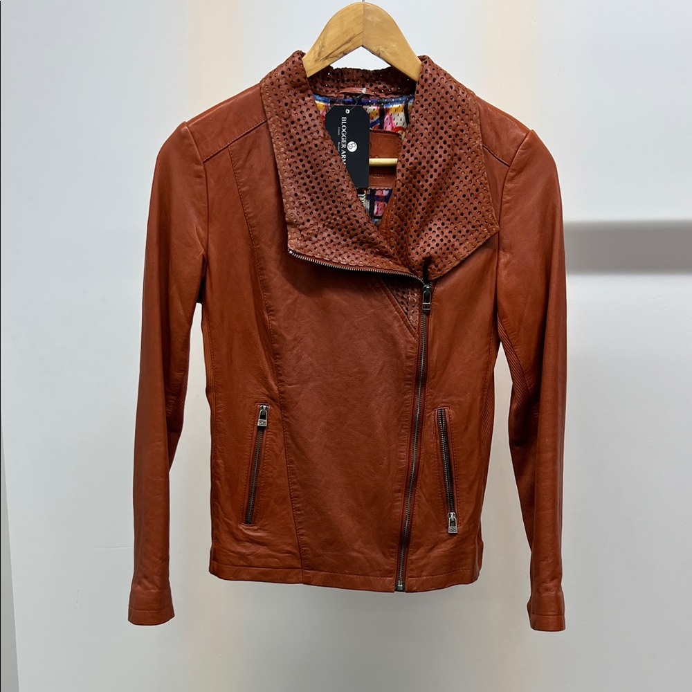Rust Leather Jacket with Perforated Collar